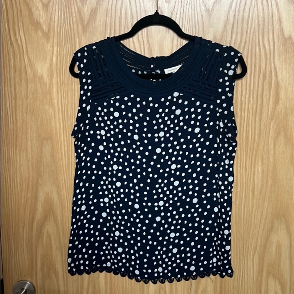 Anthropology navy white sleeveless dot blouse